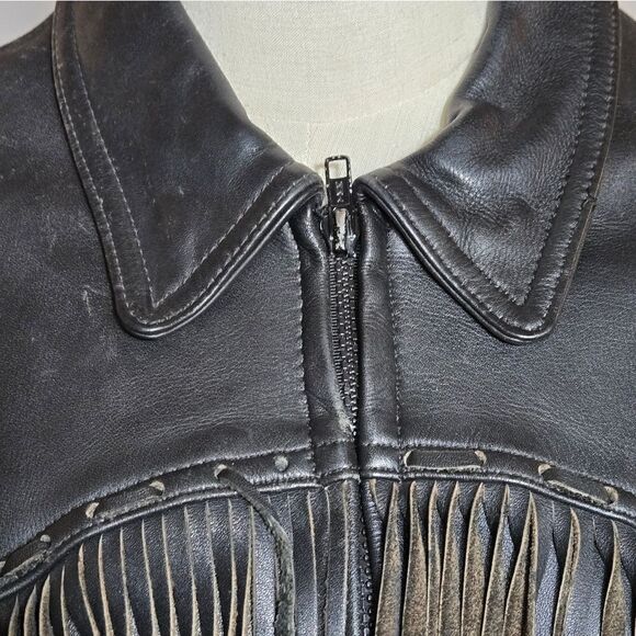 Easy Rider Vintage Heavy Black Leather Fringe Lined Jacket - Picture 8 of 12